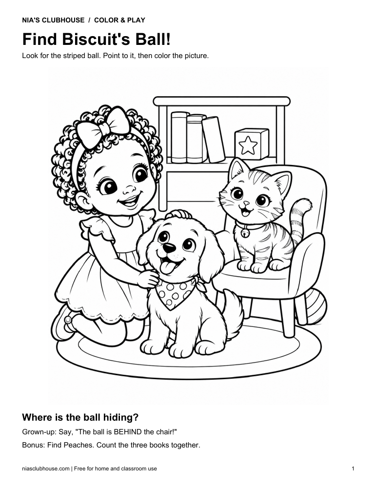 Nia, Biscuit and Peaches in a clubhouse coloring scene