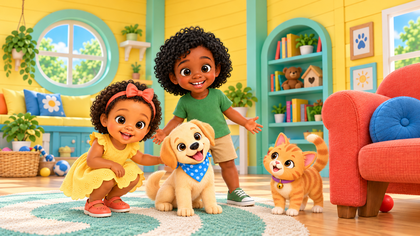 Nia, Levi, Biscuit and Peaches look for a ball