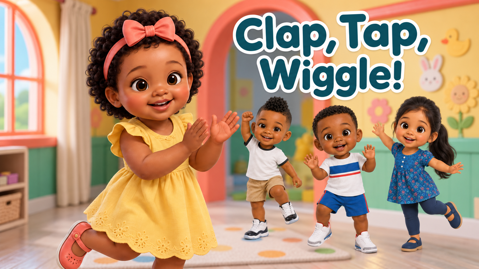 Nia clapping in her yellow dress while Jalen, Lando, and Pilar dance in the clubhouse