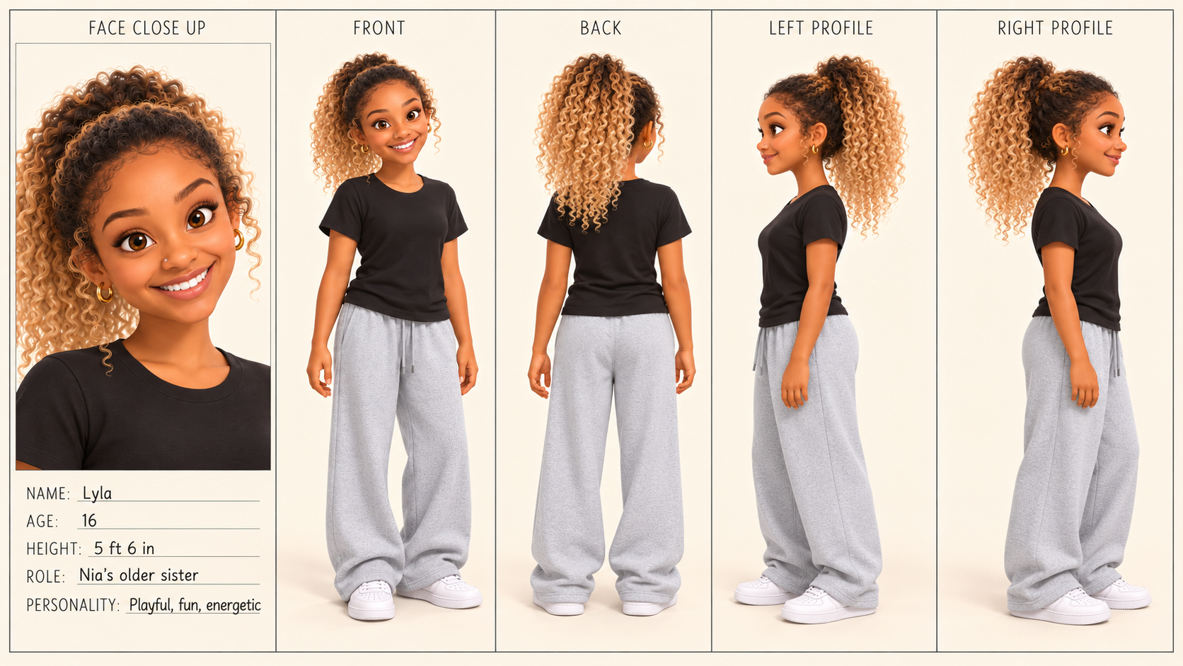 Lyla, Nia’s smiling older sister with a curly blonde ponytail