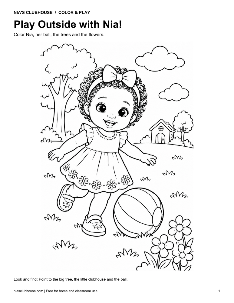 Nia playing ball outside with trees and flowers